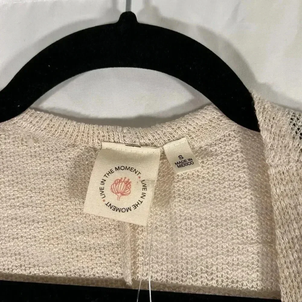 New Live in the Moment Cardigan Women's Small Beige Open Knit Short Sleeve